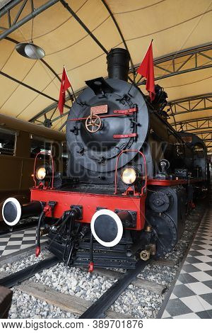 Istanbul, Turkey - September 20, 2020: Steam Locomotive Engine In Rahmi M. Koc Industrial Museum. Ko