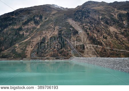 Landscape Of Gepatsch Stausee Reservoir And Vernagt-stausee Lake With Alps Mountain In Kaunertaler G