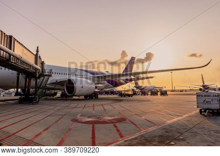 Bangkok, Thailand - April 2018: Thai Airways(tg) A Member Of Star Alliance Are Parked At Their Hub A