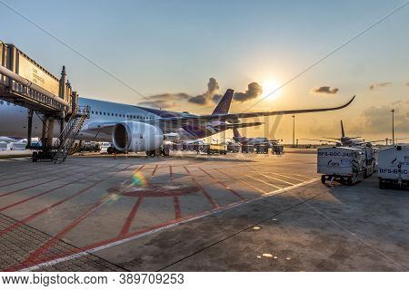 Bangkok, Thailand - April 2018: Thai Airways(tg) A Member Of Star Alliance Are Parked At Their Hub A