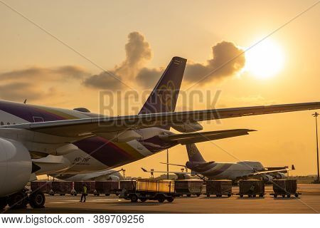Bangkok, Thailand - April 2018: Thai Airways(tg) A Member Of Star Alliance Are Parked At Their Hub A