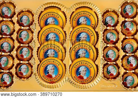 Tambov, Russian Federation - April 30, 2020 Full Box Of Mozartkugeln And Mozarttaler Chocolates.