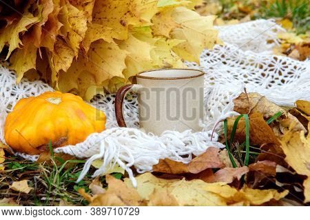 Ceramic Mug And Yellow Pattison On A Warm Scarf On The Background Of Autumn Leaves