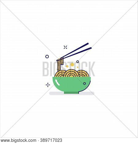 Noodles Icon. A Bowl Of Noodles And Chopsticks. Chinese And Asian Traditional Cuisine. Vector Icon I