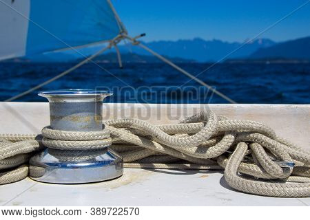 A Rope Wrapped Around A Sailboat Winch For The Jib Sheet While Sailing In British-columbia, Canada, 