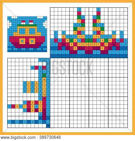 Steamship Or Ship. Colorful Japanese Crossword With Answer. Color By Numbers. Coloring Book For Kids