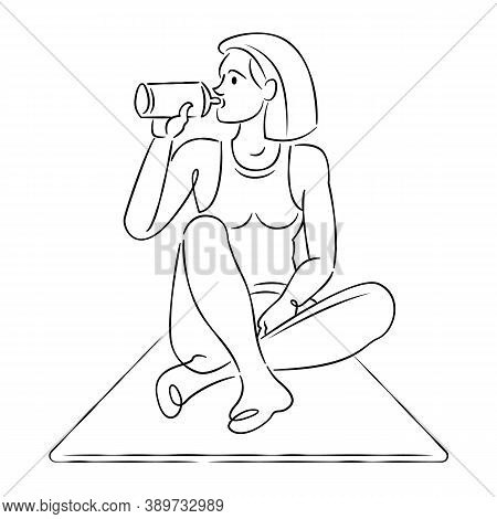Young Woman Practices Yoga On The Mat Drinks Water. Continuous Single Line.flat Sketch Line Design S