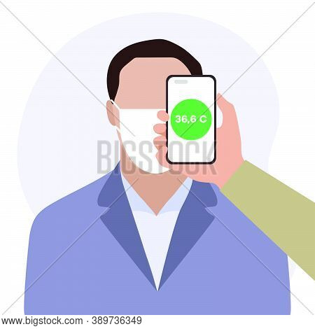Vector Illustration Phone Placed On Forehead Of Person Remotely Measures Temperature. New Technology