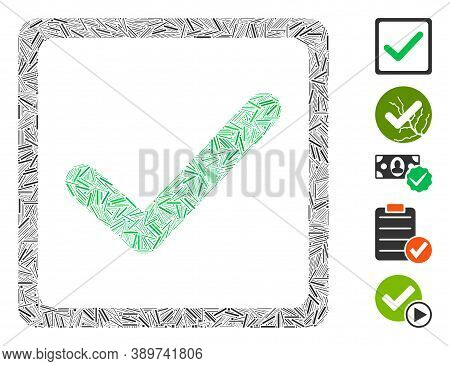 Hatch Mosaic Based On Checkbox Icon. Mosaic Vector Checkbox Is Composed With Randomized Hatch Items.