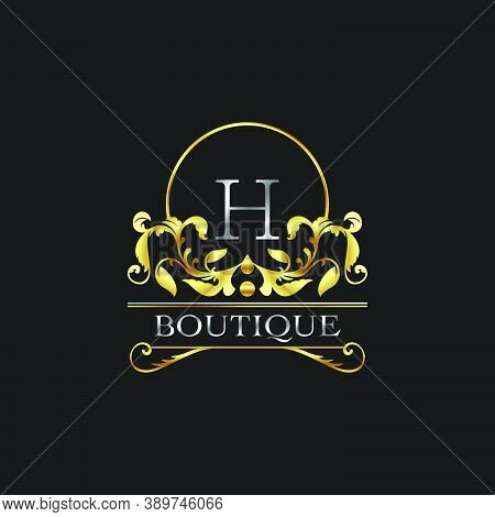Stylish Graceful Golden Luxury H Logo. Elegance Vector Template Made Of Wide Silver Alphabet With Li