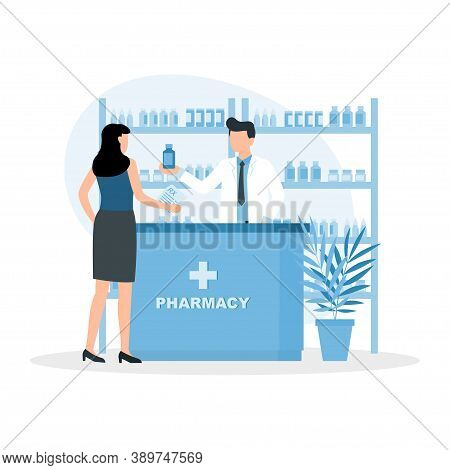 Pharmacist Doctor And Patient In The Drugstore. Woman Buys Drugs At A Pharmacy. Client And Druggist 
