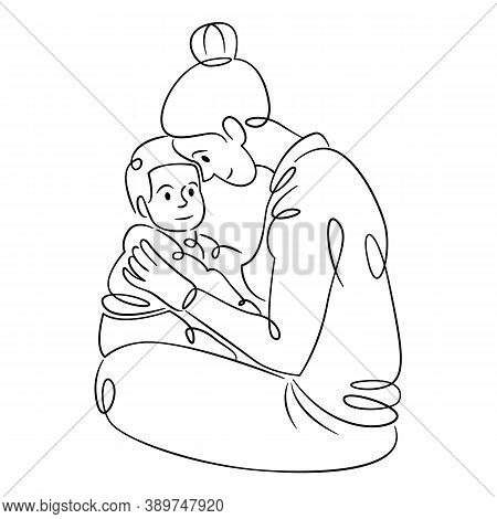 Young Woman Mother With A Baby In Her Arms, Hugs And Motherhood.continuous Single Line.flat Sketch L