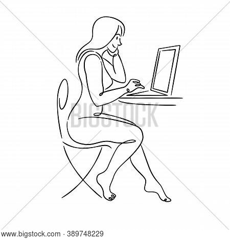 Young Woman Girl With Long Hair Works At A Laptop. Continuous Single Line.flat Sketch Line Design St