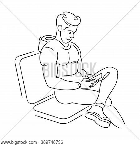 A Young Man Is Sitting With A Phone In His Hands. Continuous Single Line.flat Sketch Line Design Sty