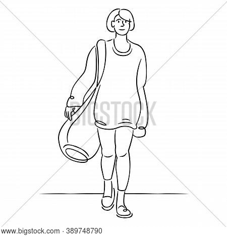 Young Girl In A Sweater With A Large Luggage Bag. Continuous Single Line.flat Sketch Line Design Sty
