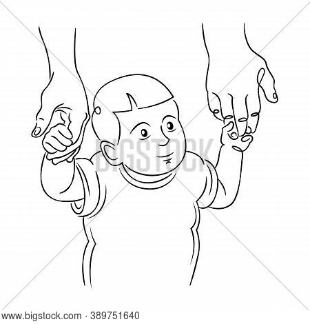 Little Kid With Short Hair Holding Hands Of Parents. Continuous Single Line.flat Sketch Line Design 
