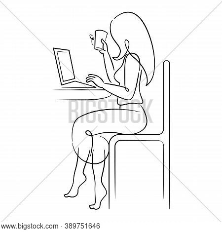 Young Woman Girl With Long Hair Works At A Laptop. Continuous Single Line.flat Sketch Line Design St