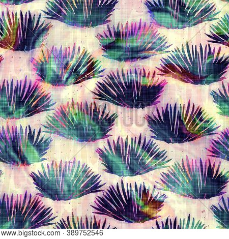 Blurry Rainbow Glitch Artistic Foliage Texture Background. Irregular Bleeding Watercolor Tie Dye Sea