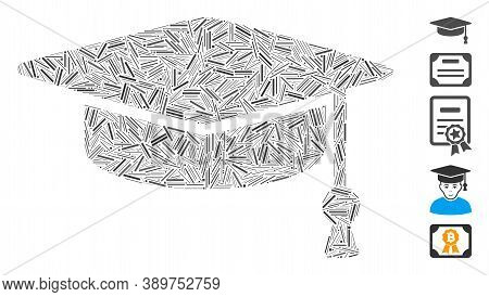 Hatch Mosaic Based On Graduation Cap Icon. Mosaic Vector Graduation Cap Is Designed With Randomized 