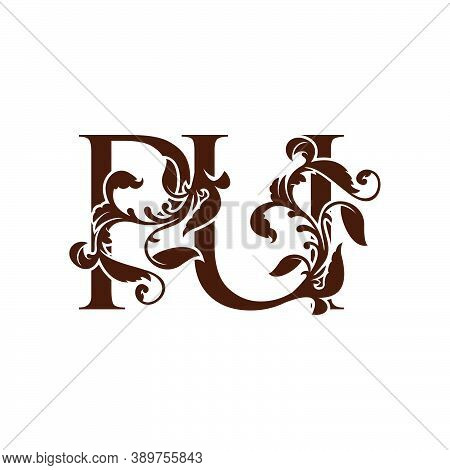 Initial Letter P And U, Pu Luxury Logo Icon, Monogram Vintage Design  With Tropical Nature Leaves El