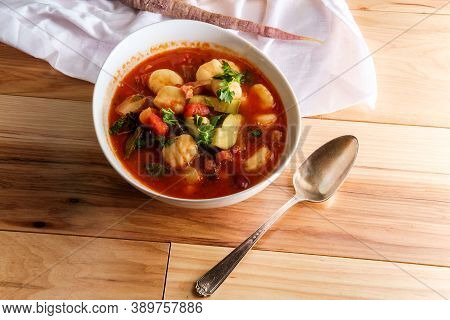 Hearty Italian Minestrone Soup With Gnocchi And Vegetables