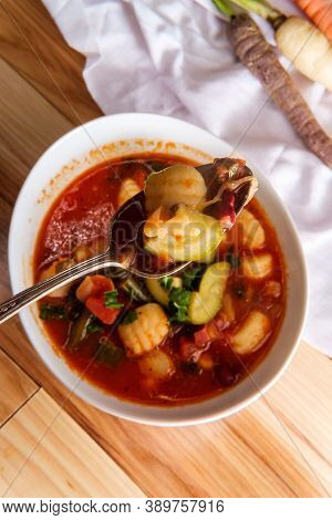 Hearty Italian Minestrone Soup With Gnocchi And Vegetables