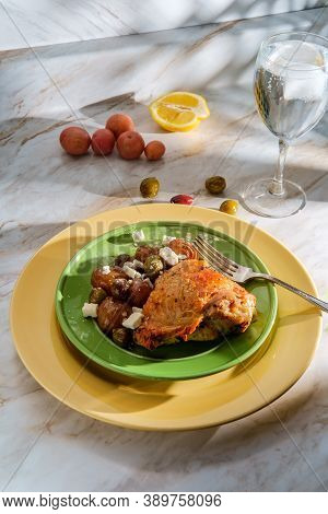 Greek Skin-on Bone-in Chicken Thighs With Salmoriglio Sauce With Manzanilla And Kalamata Olives And 