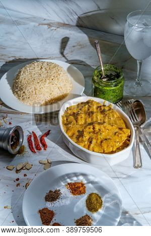 Authentic Indian Almond Chicken Korma Curry Dinner With Basmati Rice And Green Chutney