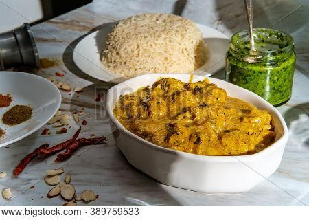 Authentic Indian Almond Chicken Korma Curry Dinner With Basmati Rice And Green Chutney