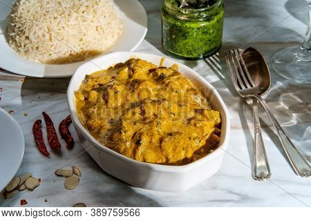 Authentic Indian Almond Chicken Korma Curry Dinner With Basmati Rice And Green Chutney