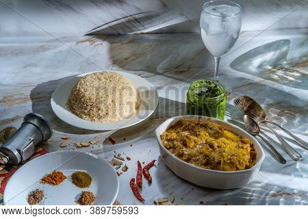 Authentic Indian Almond Chicken Korma Curry Dinner With Basmati Rice And Green Chutney