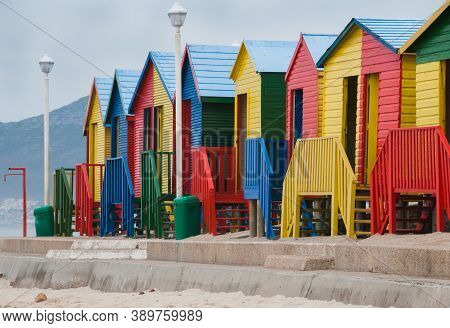 Bright, Colorful Row Of Bathing Huts On Muizenberg Beach, Cape Town, South Africa. Beach Huts.