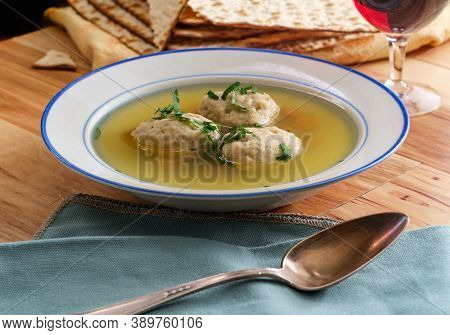 Delicious Matzoh Ball Soup With Crackers And Wine