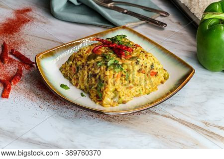 Mexican Style Spicy Spanish Rice With Beef Carrots Green Peas Bell Pepper And Hot Chili