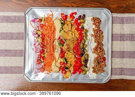 Greek Olive Hummus Platter With Sweety Drop Miniature Peppers And Pita Chips