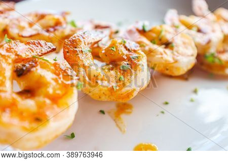 Fresh Hot Grilled Jumbo Shrimp Kebabs With Parsley