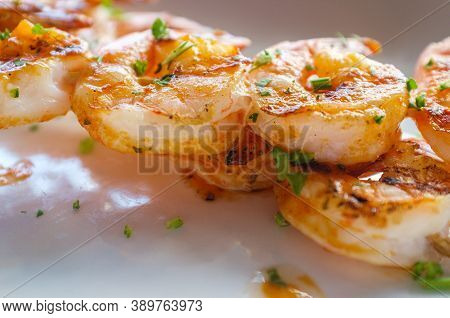 Fresh Hot Grilled Jumbo Shrimp Kebabs With Parsley