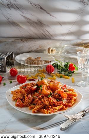 Gluten-free Fusilli Pasta In Creamy Vodka Tomato Sauce With Sausage Shrimp And Green Peas
