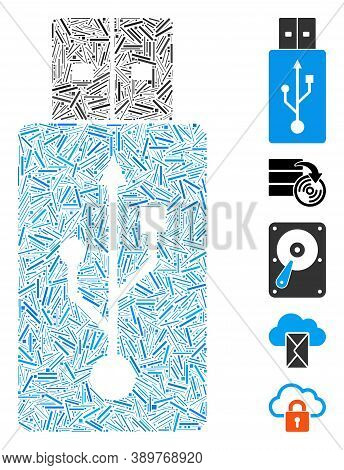Line Mosaic Based On Usb Flash Drive Icon. Mosaic Vector Usb Flash Drive Is Formed With Randomized L
