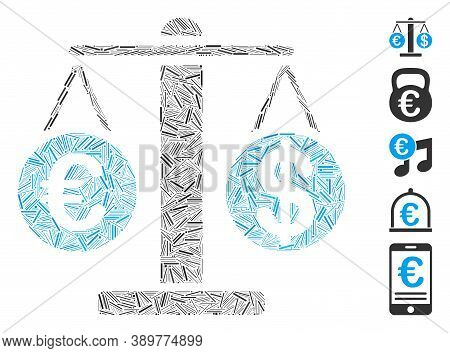 Line Collage Based On Euro And Dollar Scales Icon. Mosaic Vector Euro And Dollar Scales Is Formed Wi