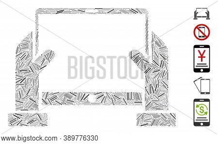 Hatch Mosaic Based On Hands Hold Tablet Icon. Mosaic Vector Hands Hold Tablet Is Designed With Scatt