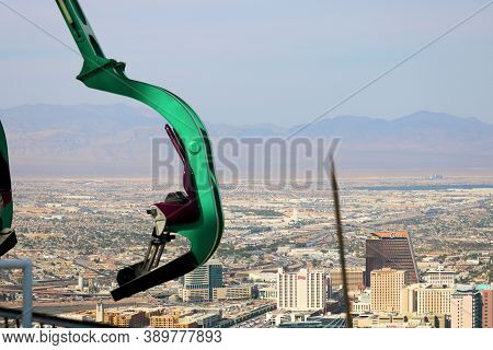 October 6, 2020 In Las Vegas, Nv:  People Riding On A Thrill Ride On Top Of The Strat Hotel Skyscrap