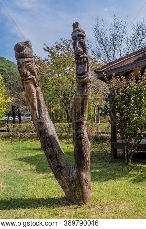 Chilgapsan, South Korea; October 2, 2020: For Editorial Use Only. Two Korean Totem Poles Carved From