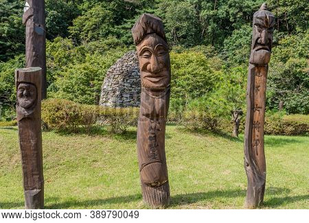 Chilgapsan, South Korea; October 2, 2020: For Editorial Use Only. Three Korean Totem Poles In Front 
