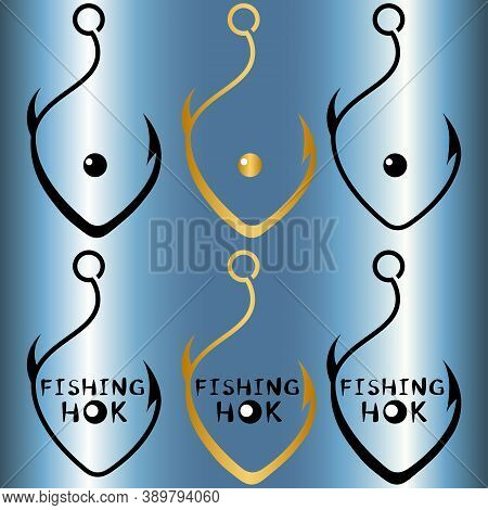 Set Of Creative Logos Fish Hook In The Shape Of A Fish With And Without Inscription