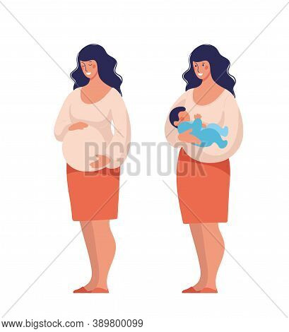 Pregnant Woman Before And After Childbirth, Cute Standing Character For Maternity And Pregnancy Desi