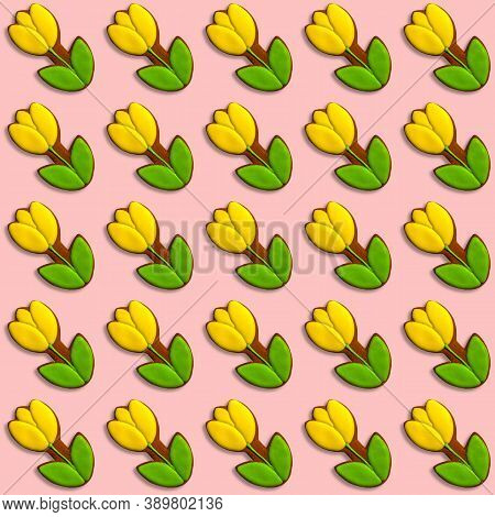 Seamless Pattern Of Colorful Cookies In The Shape Of Tulips. Homemade Baking. Spring Seamless Backgr
