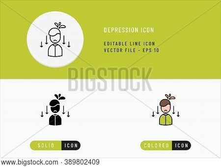 Depression Icons Set Editable Stroke Vector Illustration. Stress Human Pressure Concept. Icon Line S