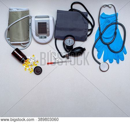 Different Medical Objects On White Background. Health Care. Top View. Place For Text. Copy Space
