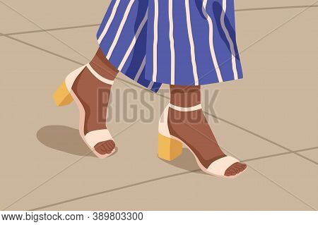 Woman Casual Strap Sandals With Yellow Low Square Heel. Female Feet In Fashionable Open Toe Footwear